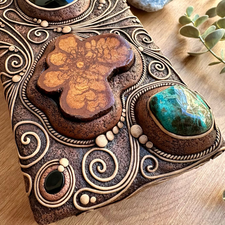 Artisan wooden box with crystals, fossils and natural elements
