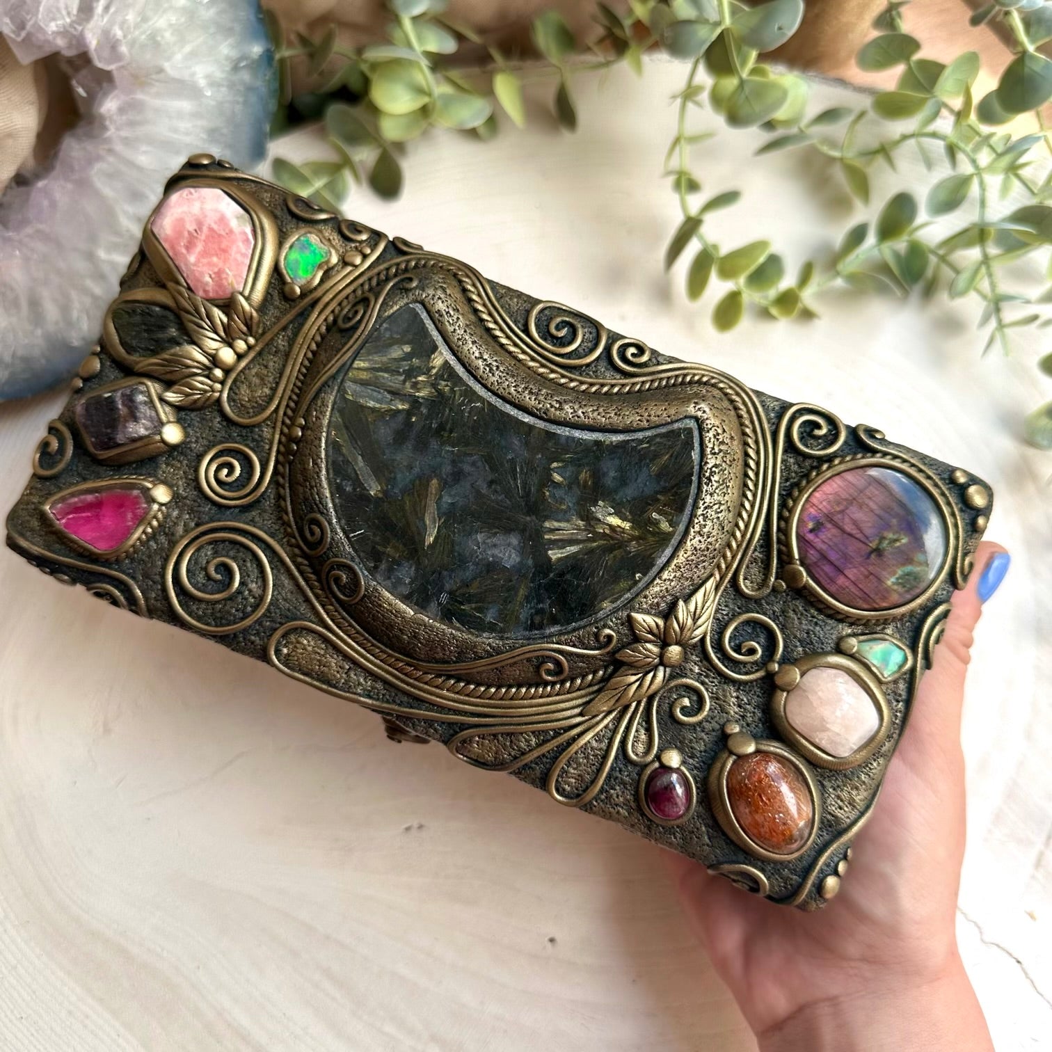 Crystal decorated wooden keepsake box with pink labradorite, rhodochrosite, and watermelon tourmaline gemstones