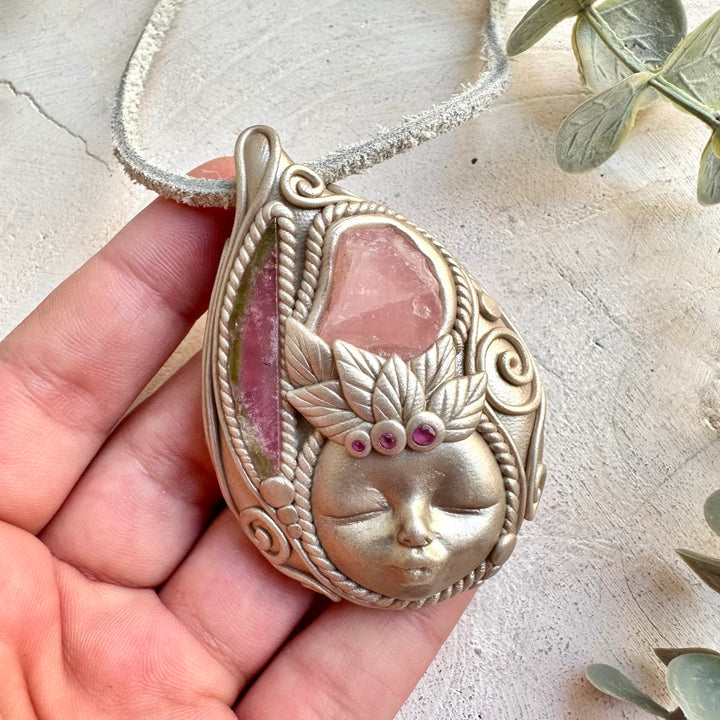 Healing crystal jewelry pendant with watermelon tourmaline rose quartz and ruby