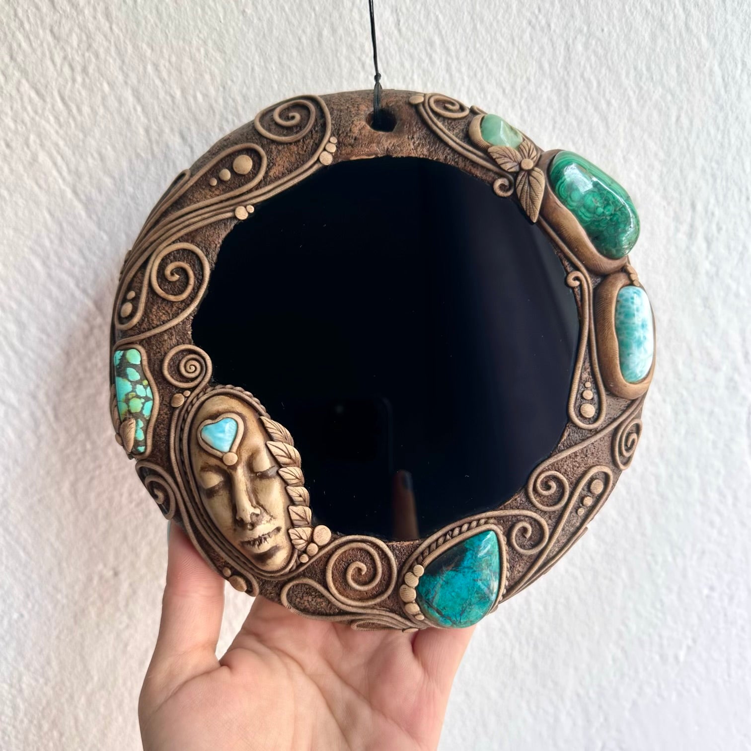 Handmade crystal goddess wall hanging with obsidian chrysocolla and larimar