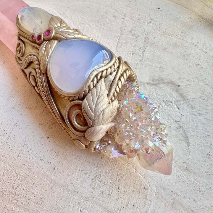 Handmade gemstone wand with rose quartz ruby and rainbow moonstone