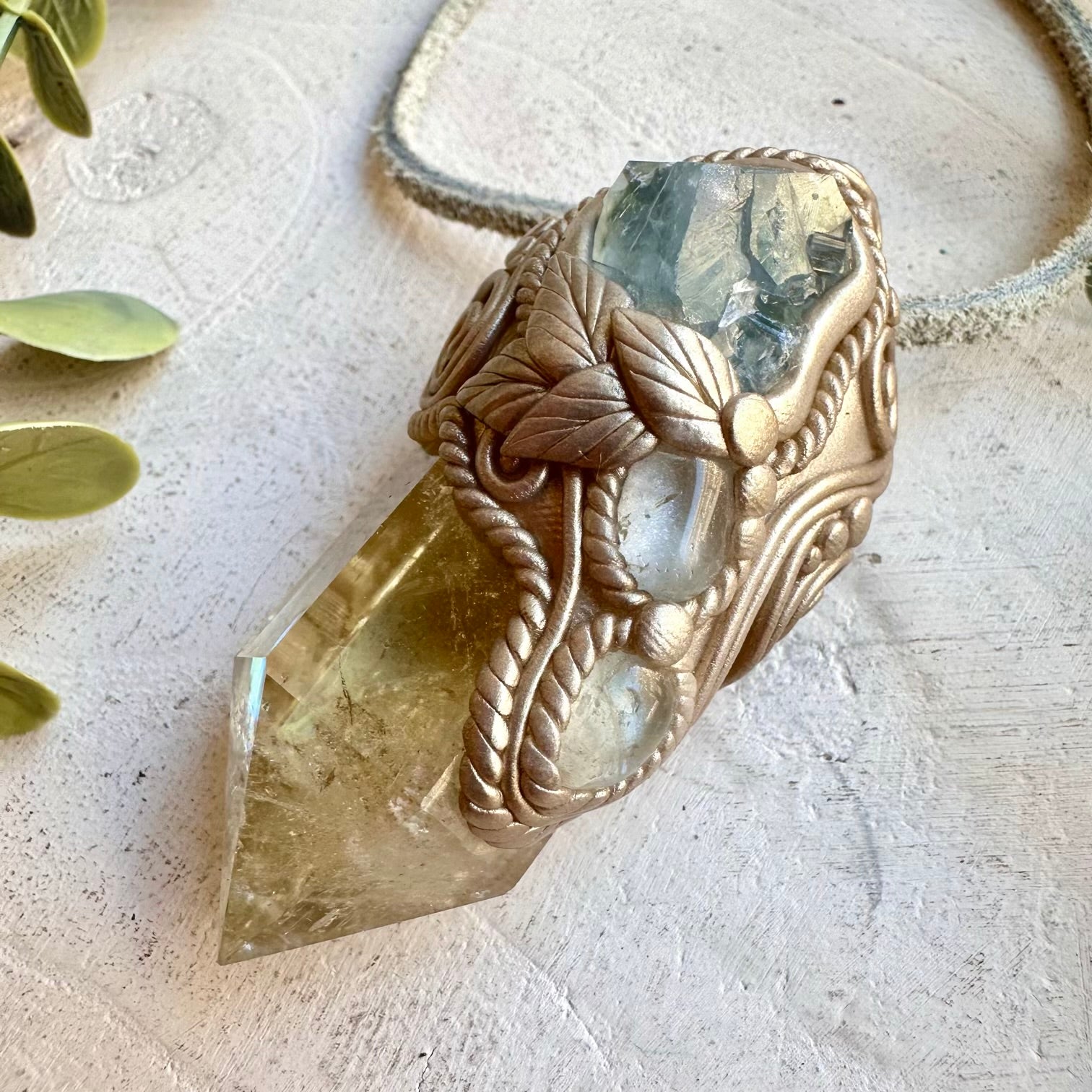 Handmade gemstone wand with raw celestite and citrine crystal energy