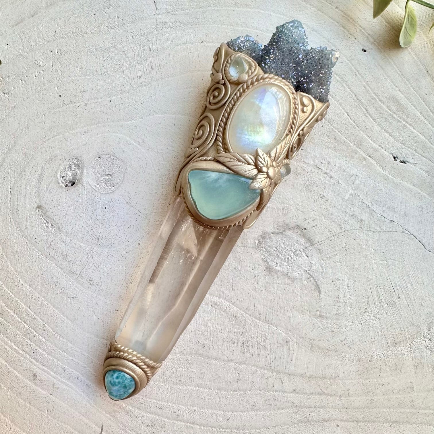 Crystal talisman wand with Lemurian quartz Aqua Aura Spirit Quartz and Rainbow Moonstone