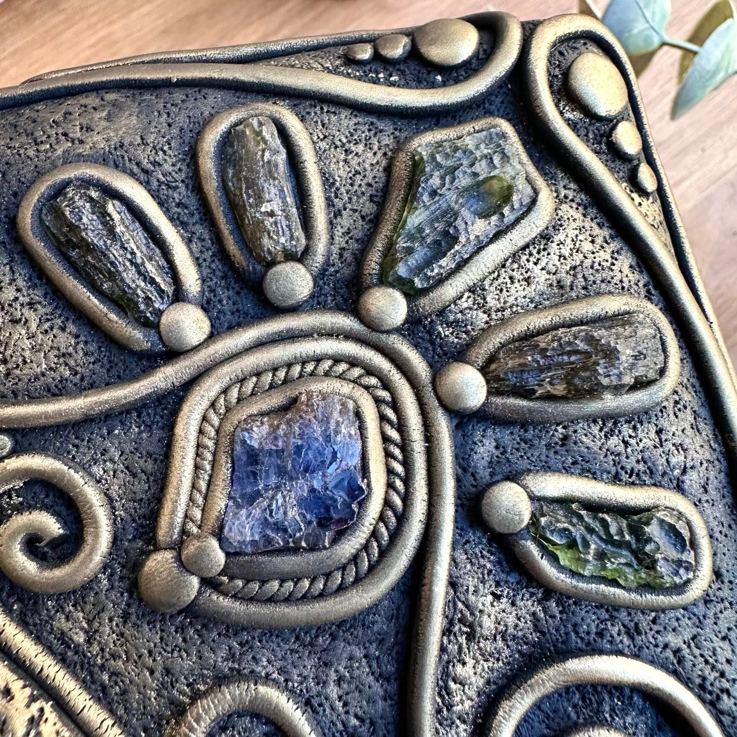 Crystal altar box featuring Black Obsidian Moon and natural stones