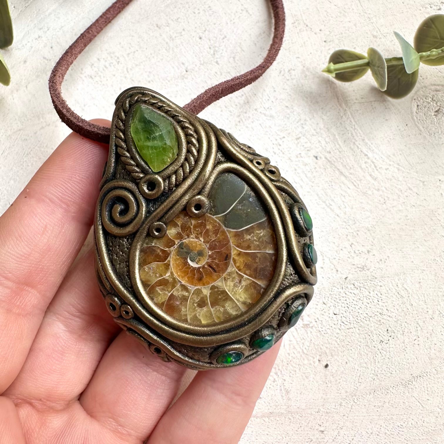 Crystal necklace for protection and luck featuring black Ethiopian opal and peridot gemstones