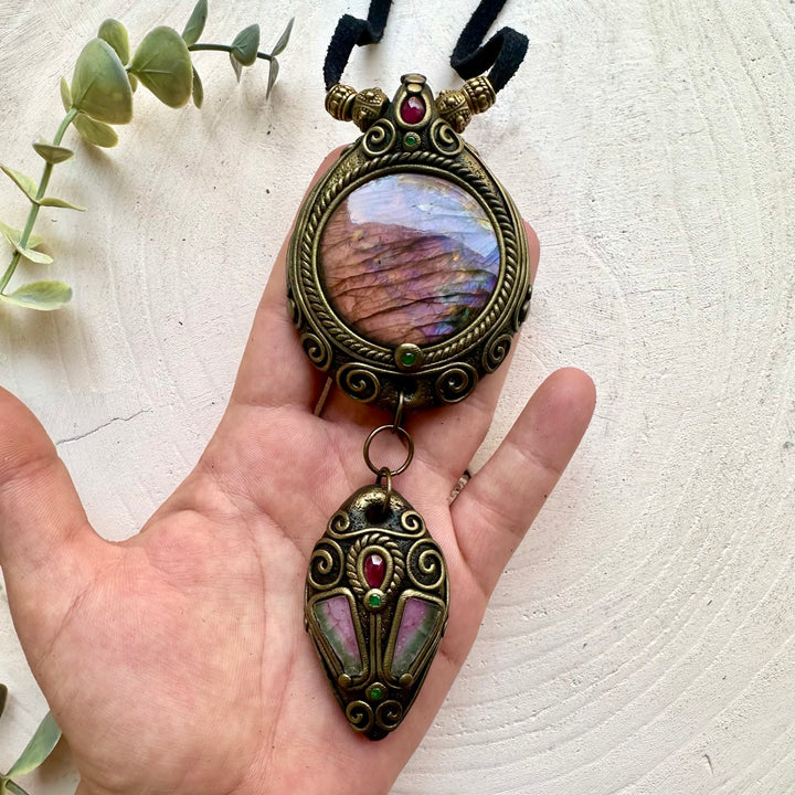 Premium gemstone necklace highlighting Labradorite with Watermelon Tourmaline, Emerald and Garnet.