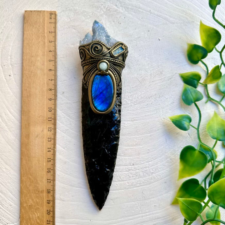 Handmade ceremonial wand featuring Obsidian, Quartz and Labradorite