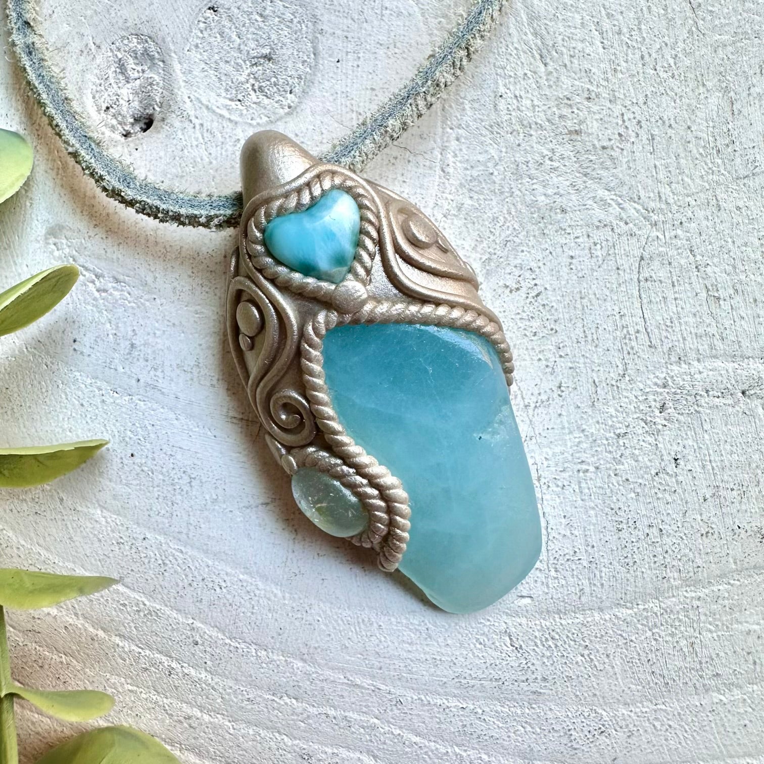 Handmade gemstone necklace blue topaz and larimar heart spiritual jewelry