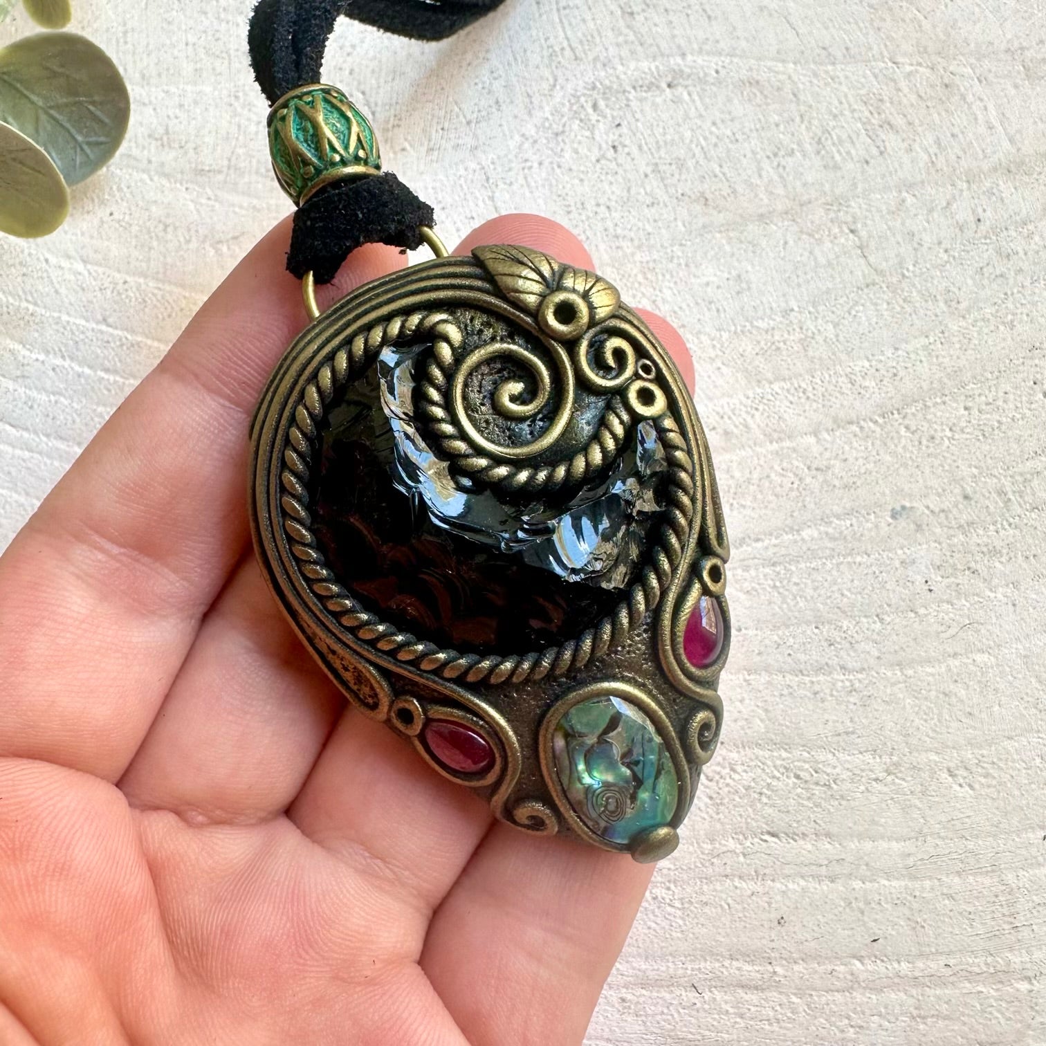 Elegant boho jewelry featuring Black Obsidian Moon, Rhodolite Garnet and natural Abalone Seashell.