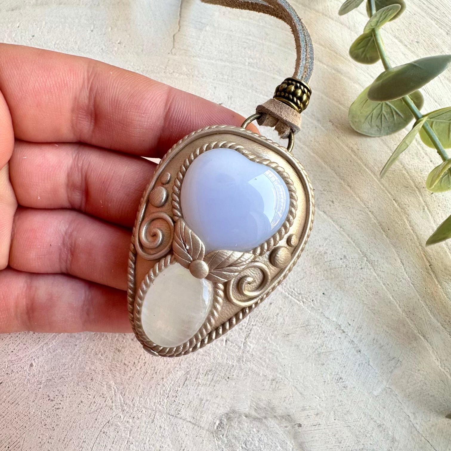 Healing crystal necklace fantasy jewelry blue chalcedony heart pendant