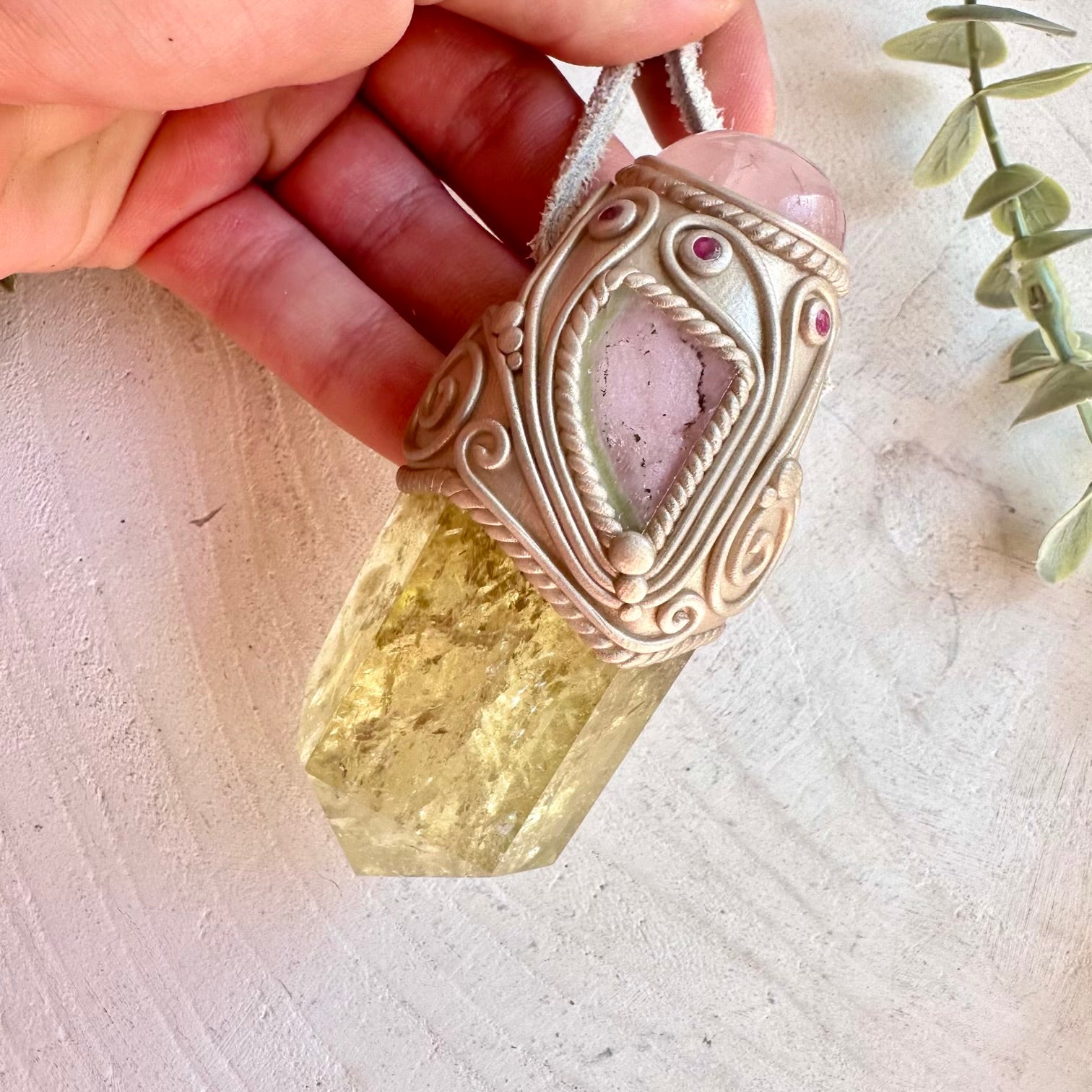 Metaphysical jewelry citrine rose quartz ruby wand necklace