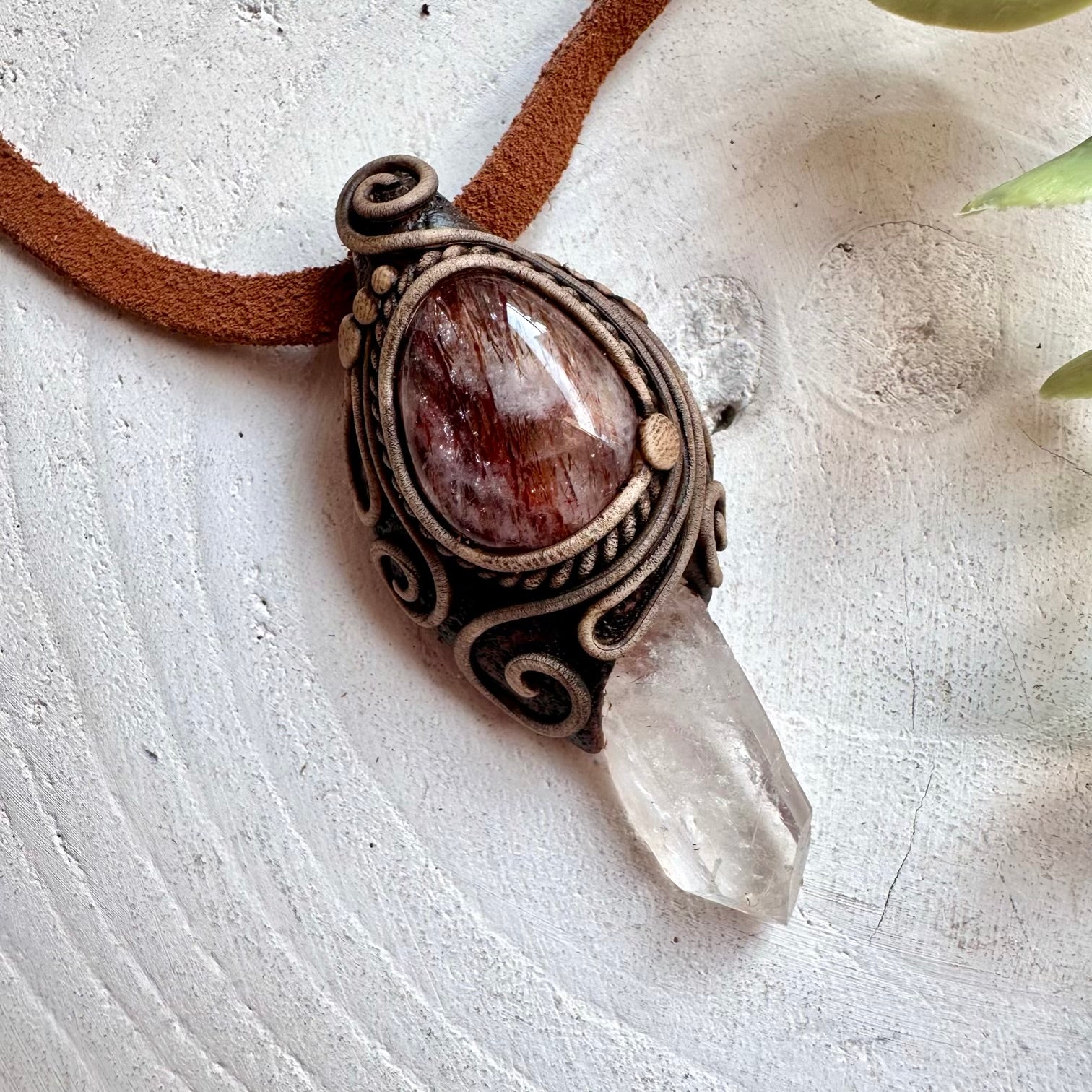 Boho crystal pendant necklace with Clear Quartz and Red Quartz for spiritual jewelry lovers