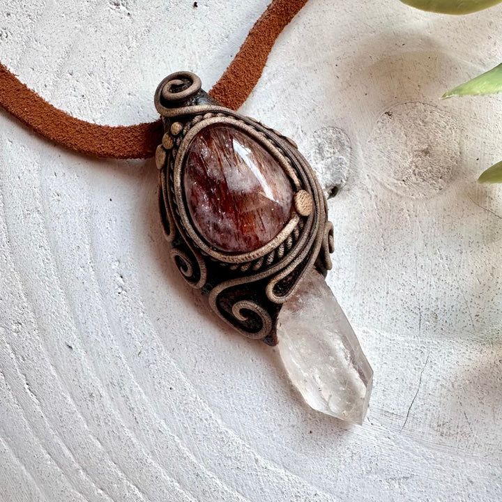 Boho crystal pendant necklace with Clear Quartz and Red Quartz for spiritual jewelry lovers