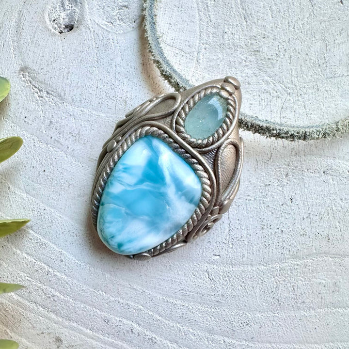 Healing crystal necklace fantasy jewelry larimar blue topaz pendant