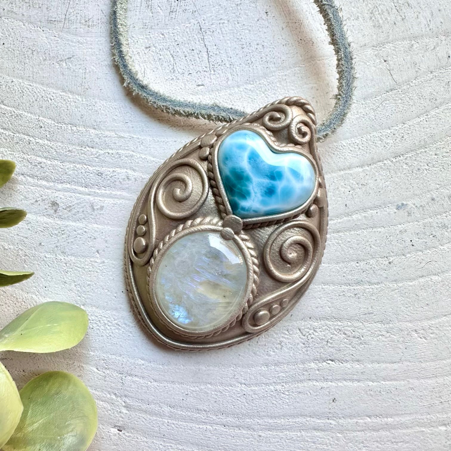 Handmade gemstone necklace larimar heart and moonstone spiritual jewelry