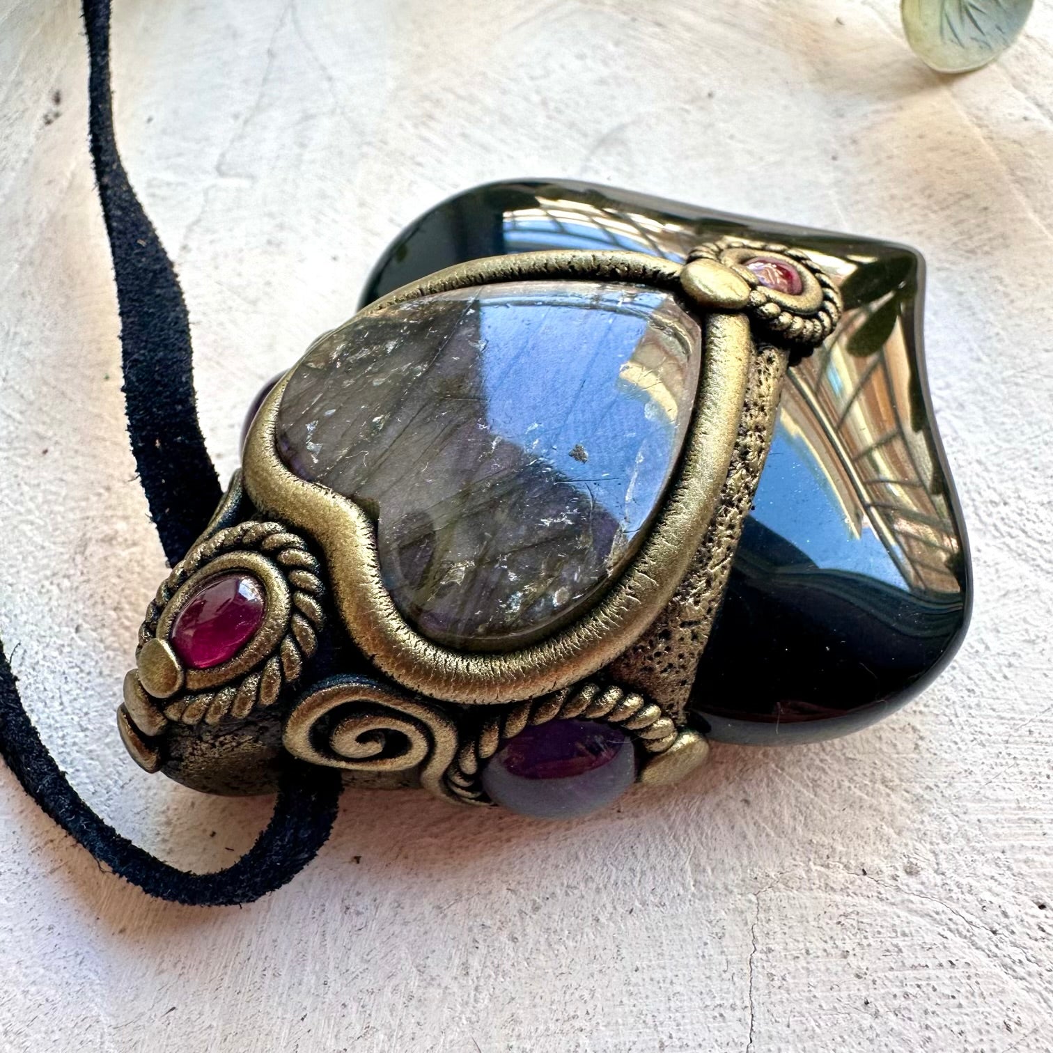 Handmade spiritual necklace featuring Rainbow Obsidian and a heart-shaped Purple Labradorite centerpiece.
