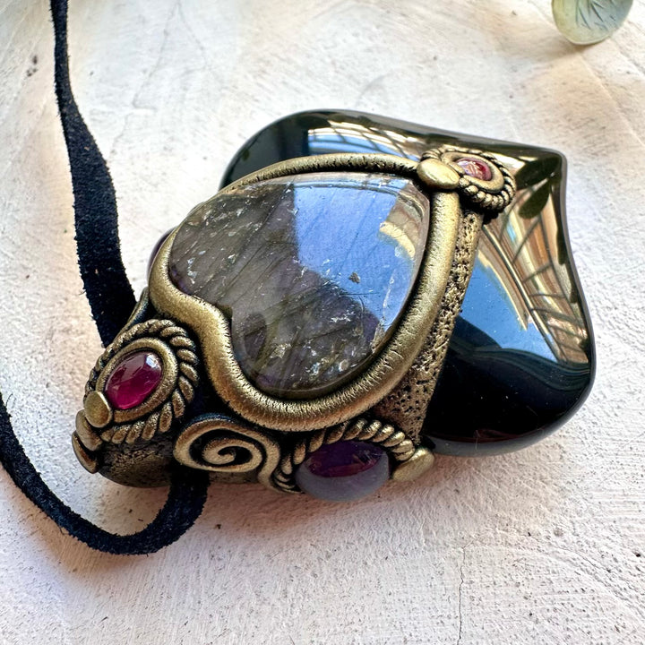 Handmade spiritual necklace featuring Rainbow Obsidian and a heart-shaped Purple Labradorite centerpiece.