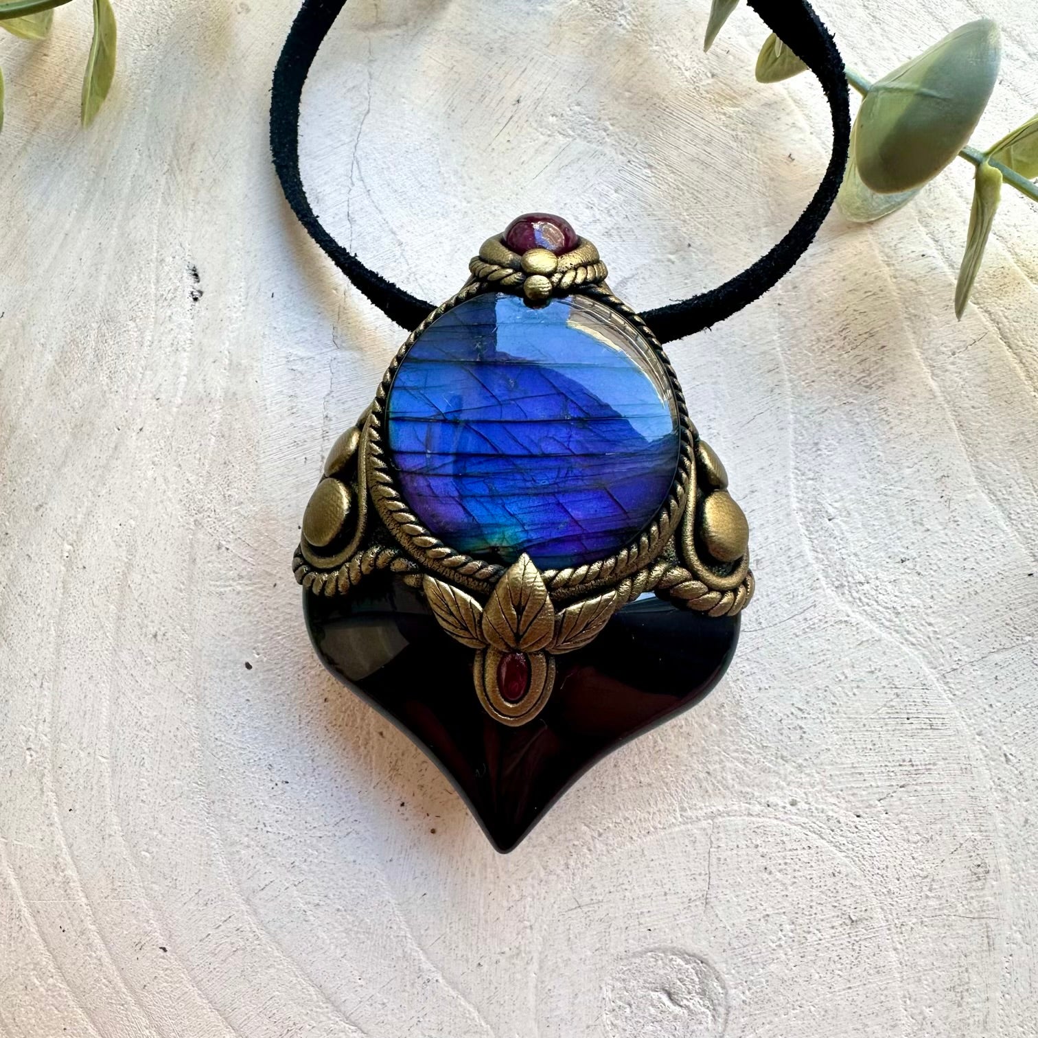 Unique Rainbow Obsidian necklace with Labradorite, Ruby and Rhodolite Garnet natural gemstones.