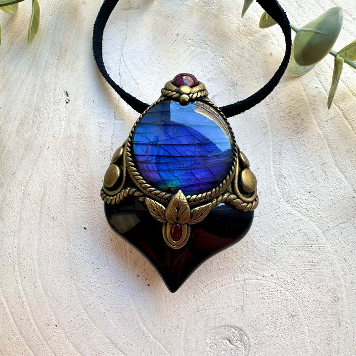 Unique Rainbow Obsidian necklace with Labradorite, Ruby and Rhodolite Garnet natural gemstones.