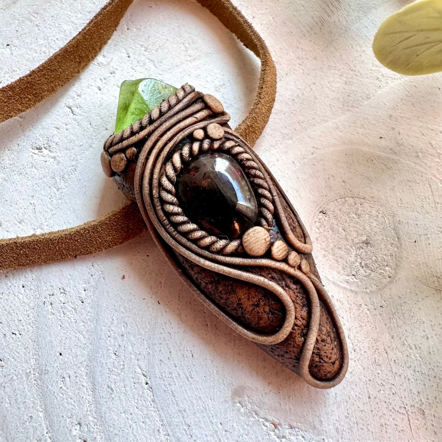 Healing crystal necklace fantasy jewelry red garnet and peridot pendant