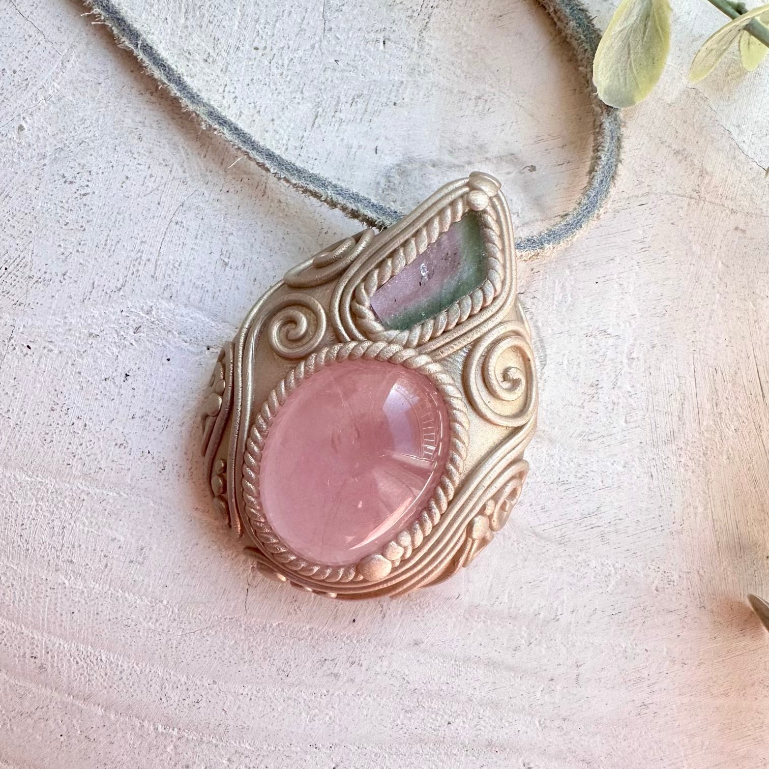 Healing crystal necklace fantasy jewelry rose quartz and watermelon tourmaline pendant