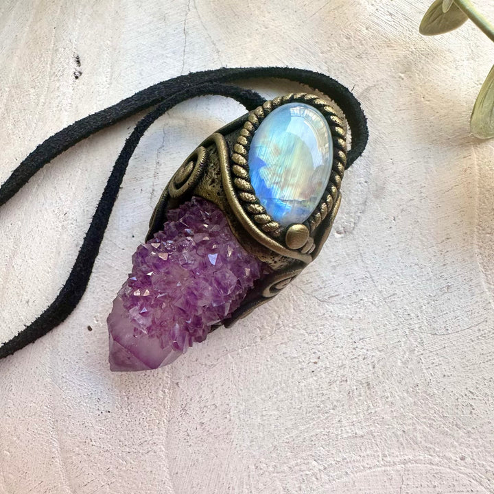 Handmade healing crystal necklace featuring Spirit Quartz and Rainbow Moonstone natural crystals.