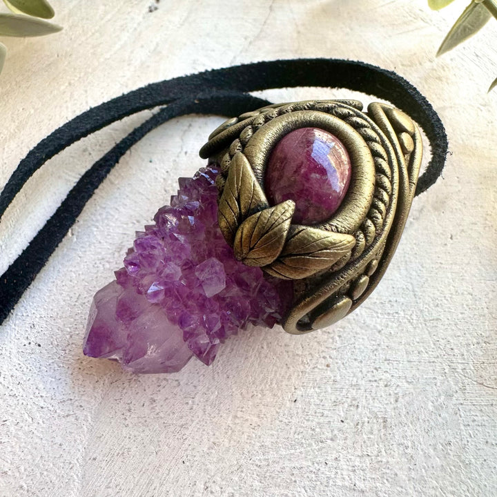 Boho gemstone jewelry with Spirit Quartz and Ruby natural crystals.