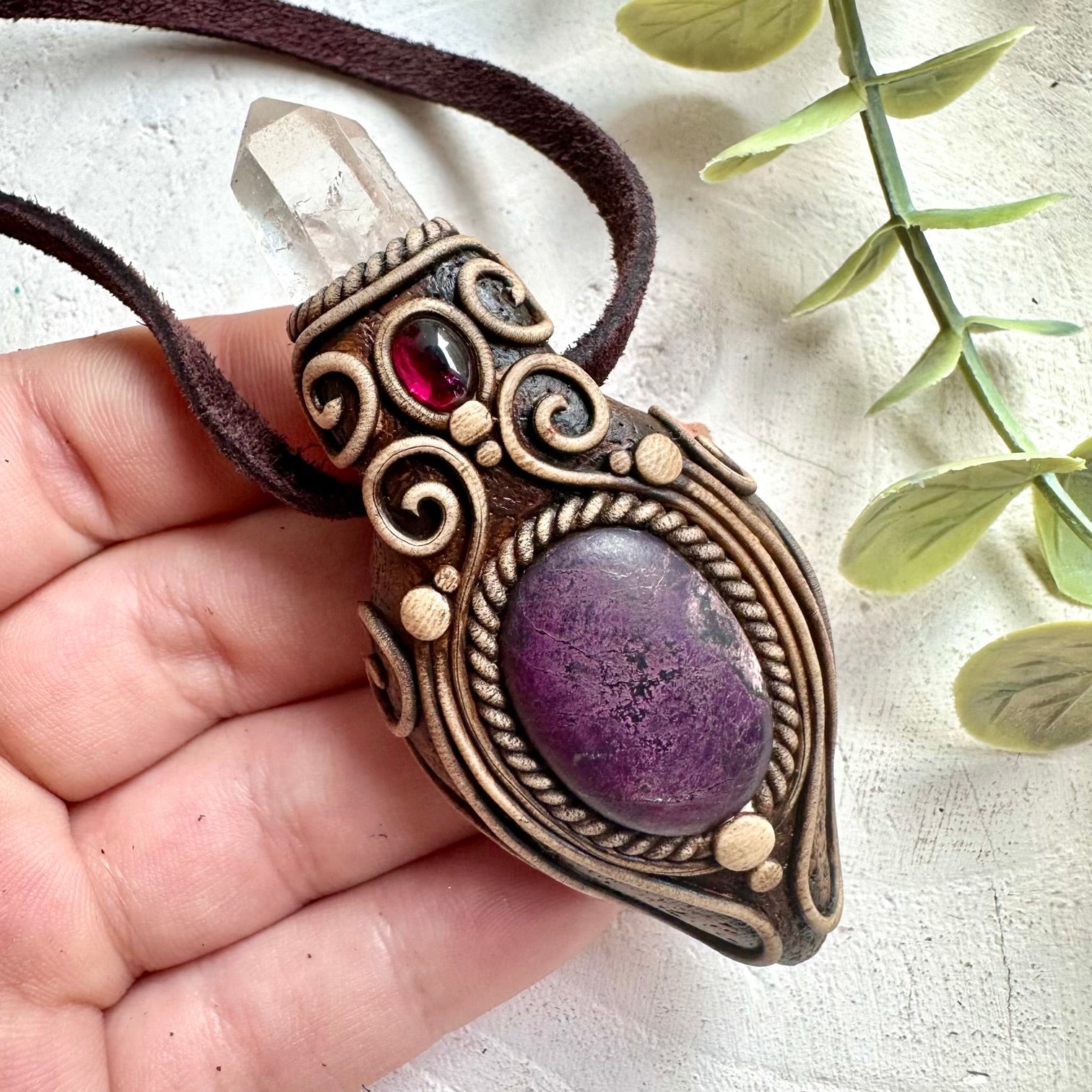 Protection amulet necklace with Sugilite, Clear Quartz and Rhodolite Garnet healing crystals