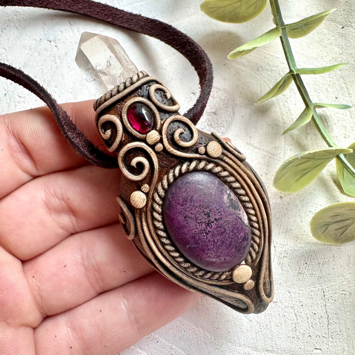 Protection amulet necklace with Sugilite, Clear Quartz and Rhodolite Garnet healing crystals