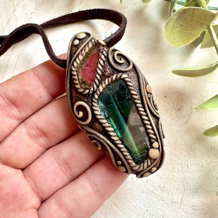 Spiritual crystal necklace featuring Vivianite and Watermelon Tourmaline for emotional balance and growth