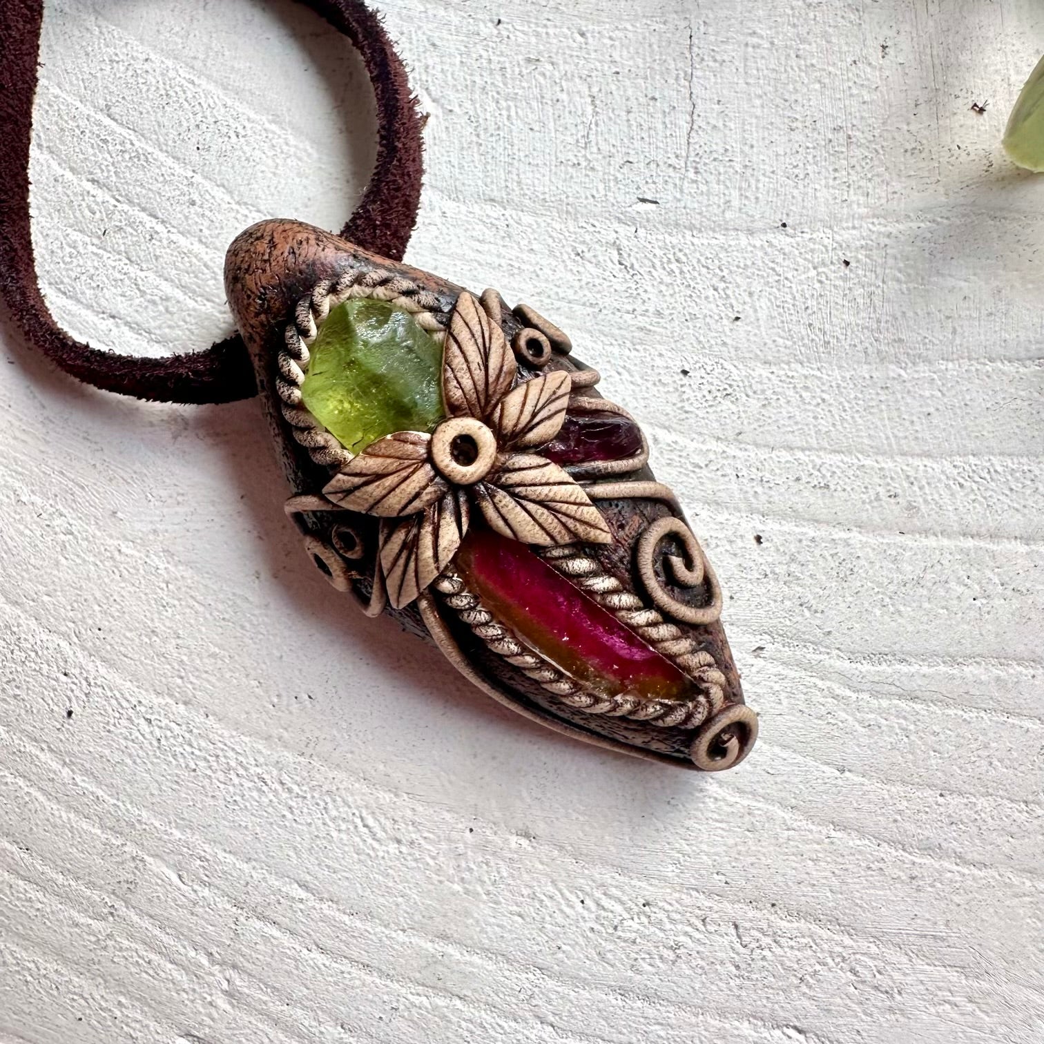 Natural gemstone jewelry featuring Watermelon Tourmaline with green Peridot and red Rhodolite Garnet.