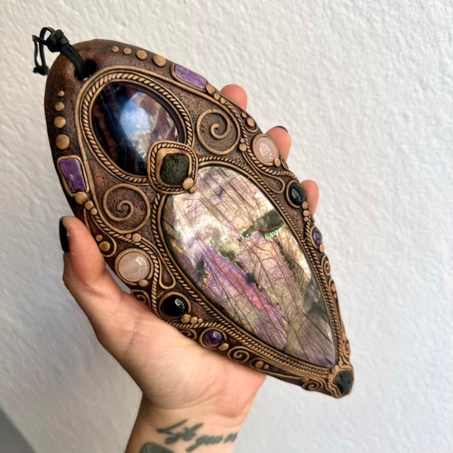 Spiritual home decor wall hanging featuring Labradorite and Rainbow Fluorite