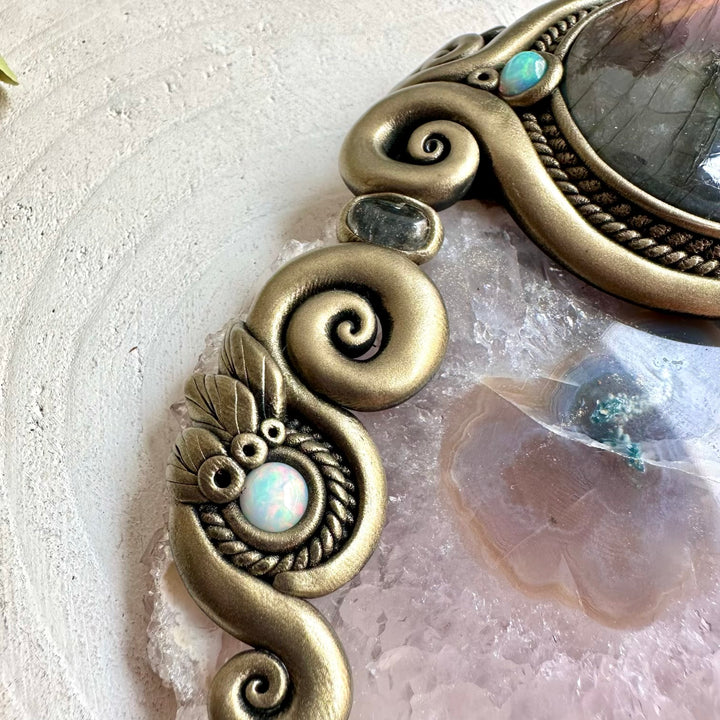 Handmade healing crystal wall art featuring Amethyst, Labradorite, Morganite, Ethiopian Opal and other natural gemstones for a mystical interior.