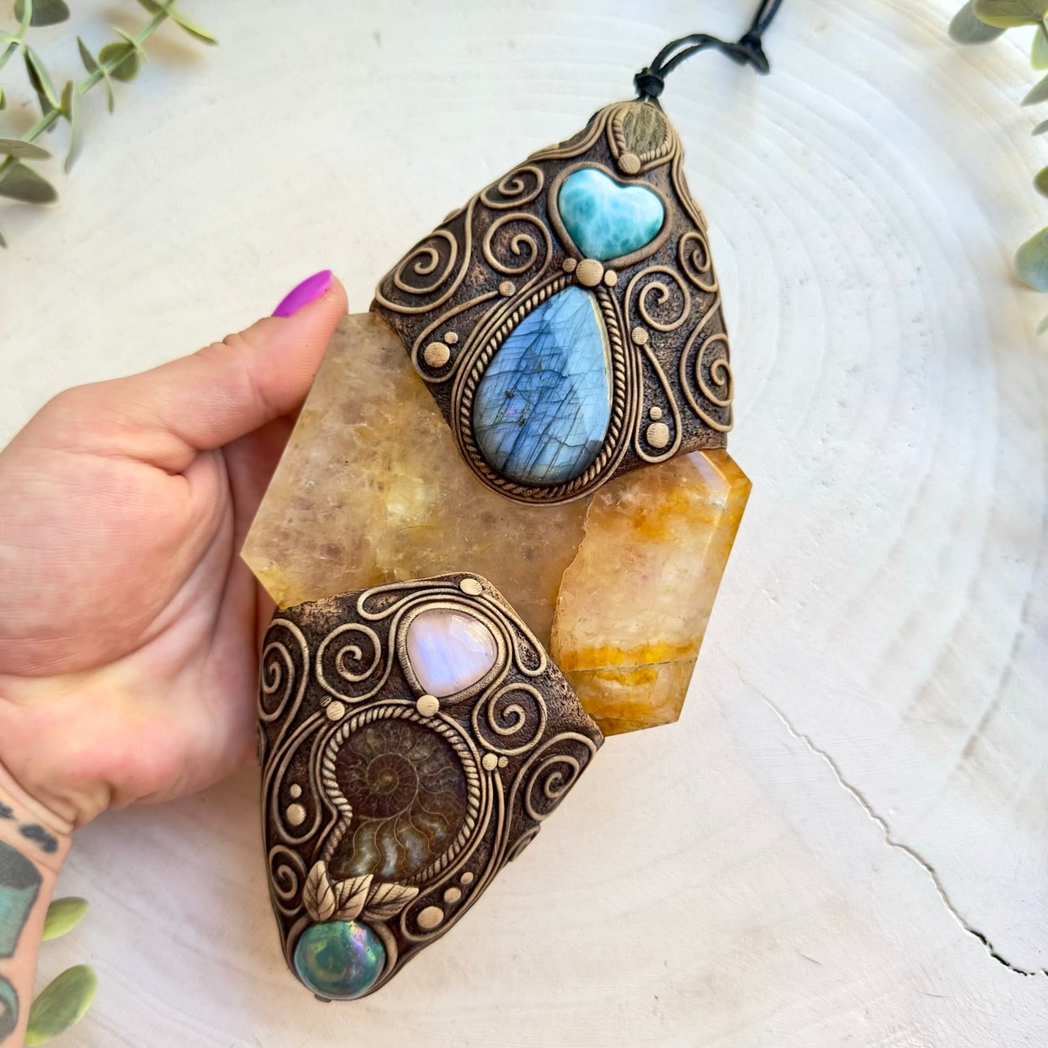 Handmade crystal wall hanging with Golden Healer, Labradorite and Moldavite