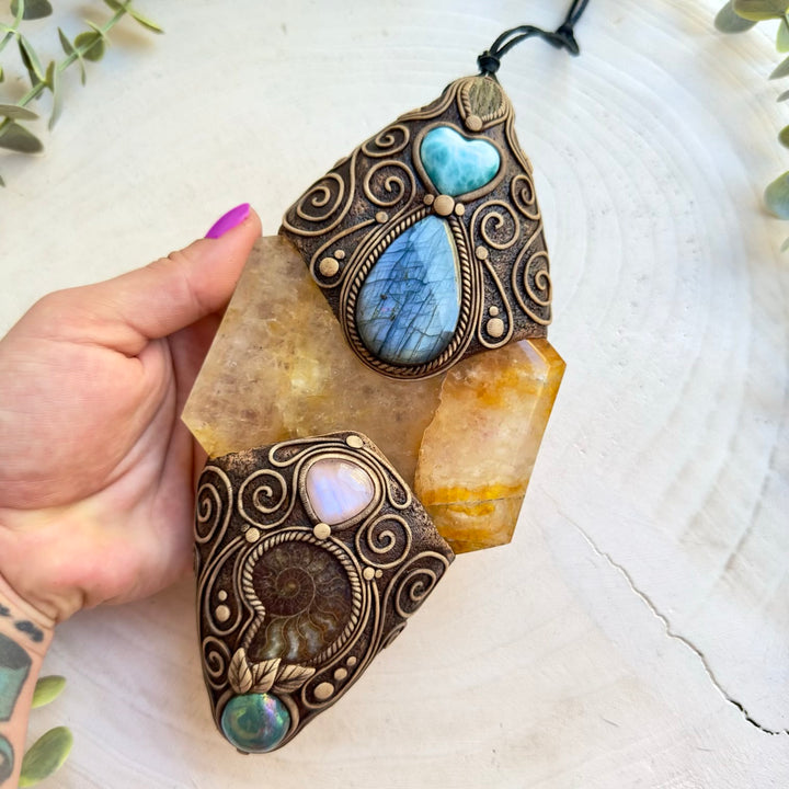 Handmade crystal wall hanging with Golden Healer, Labradorite and Moldavite