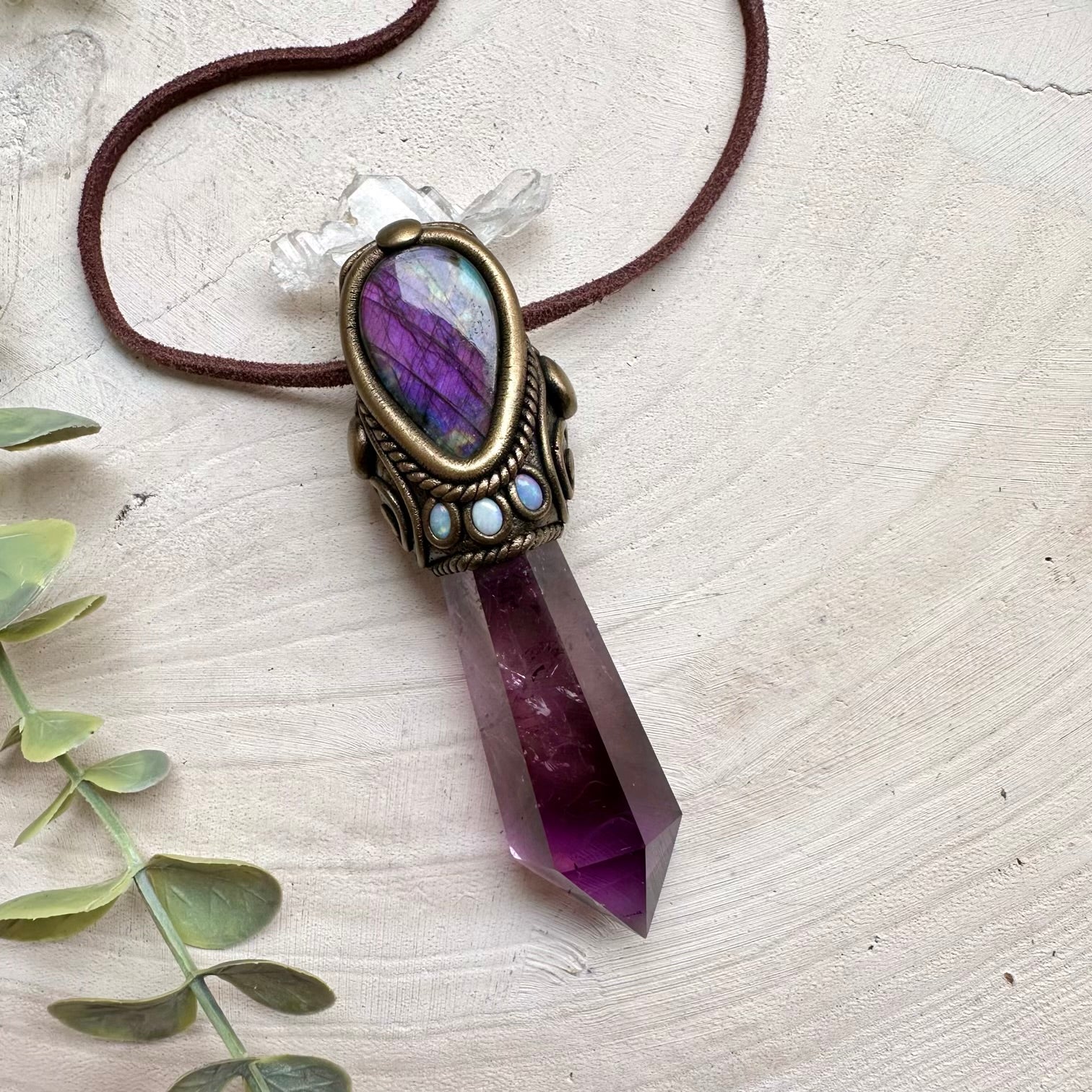 Handmade crystal wand necklace with amethyst faden quartz and opal
