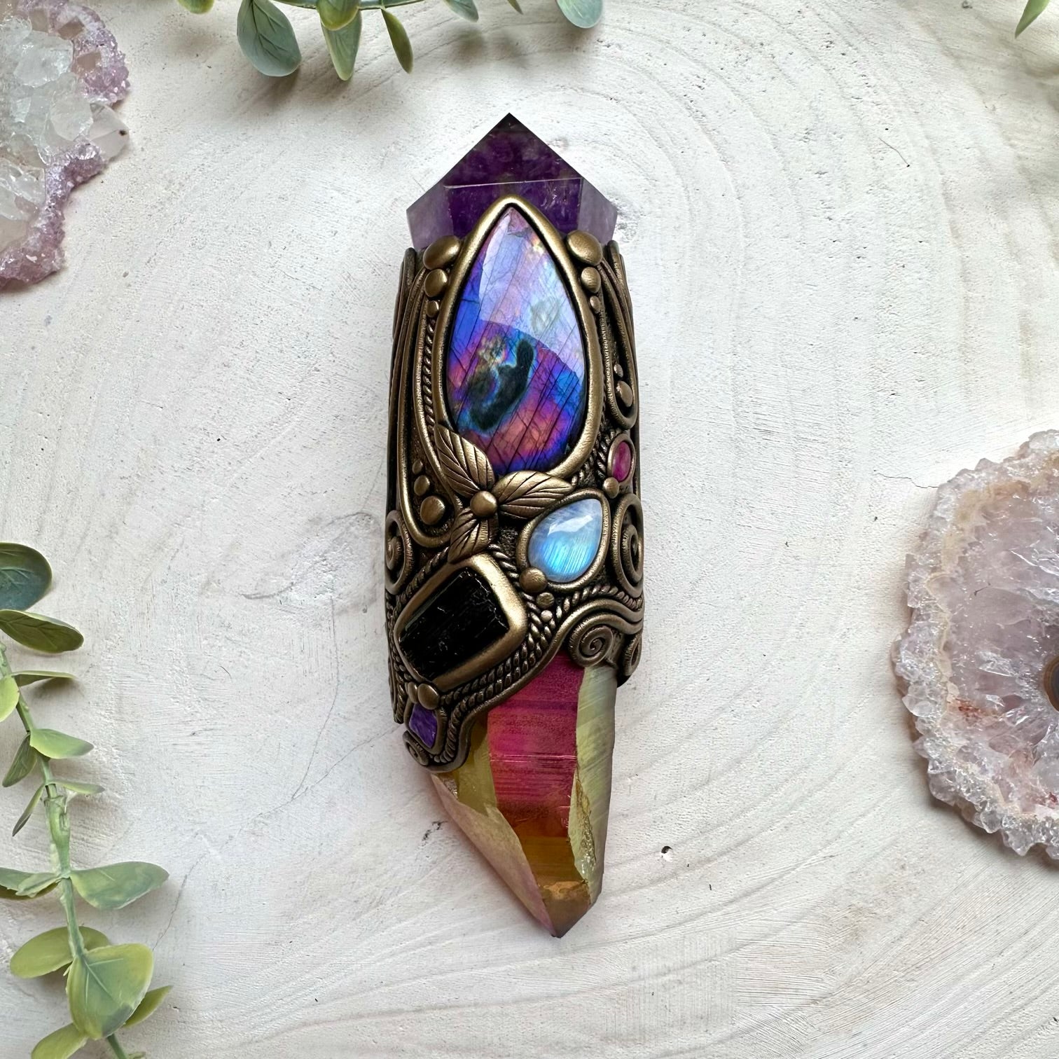 Energy healing wand with aura quartz and gemstones