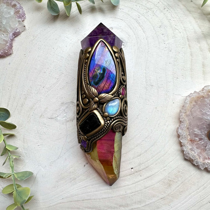 Energy healing wand with aura quartz and gemstones
