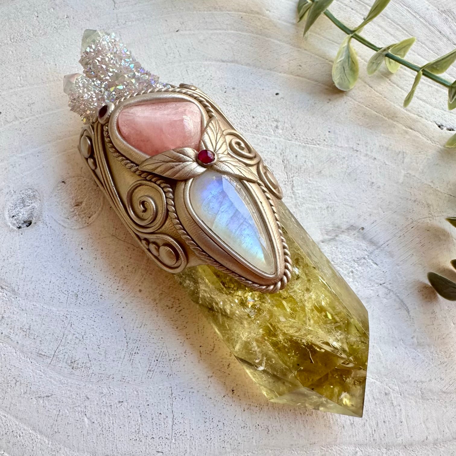 Metaphysical crystal wand with citrine rainbow moonstone and rhodolite garnet