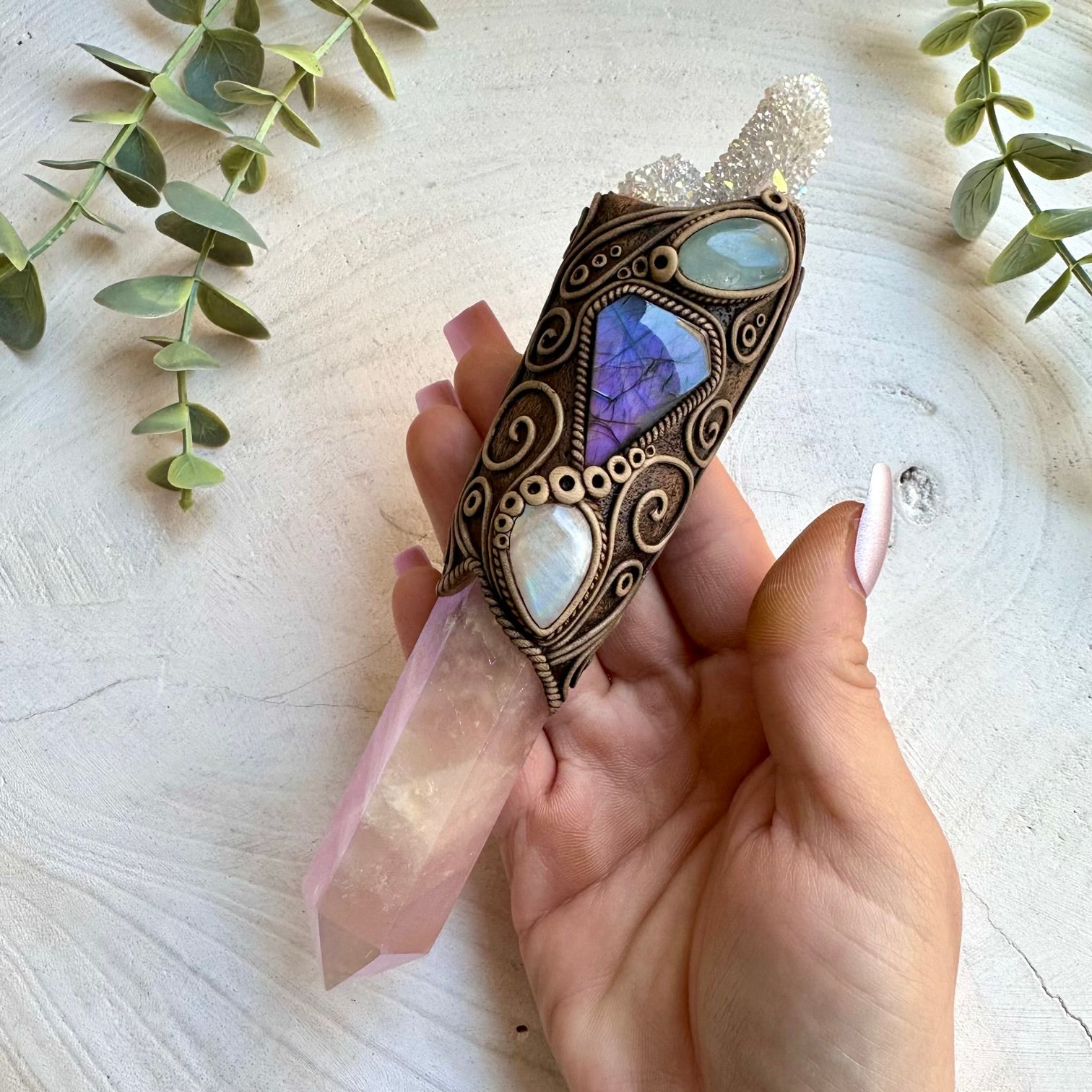 Crystal wand with angel aura rose quartz purple labradorite spirit quartz moonstone and celestite