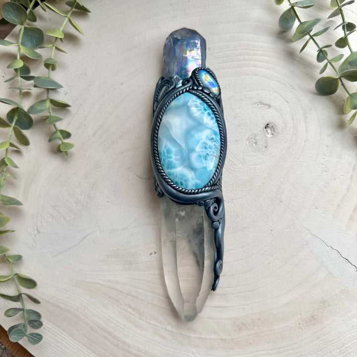 Handmade natural crystal wand with lemurain quartz larimar and opal