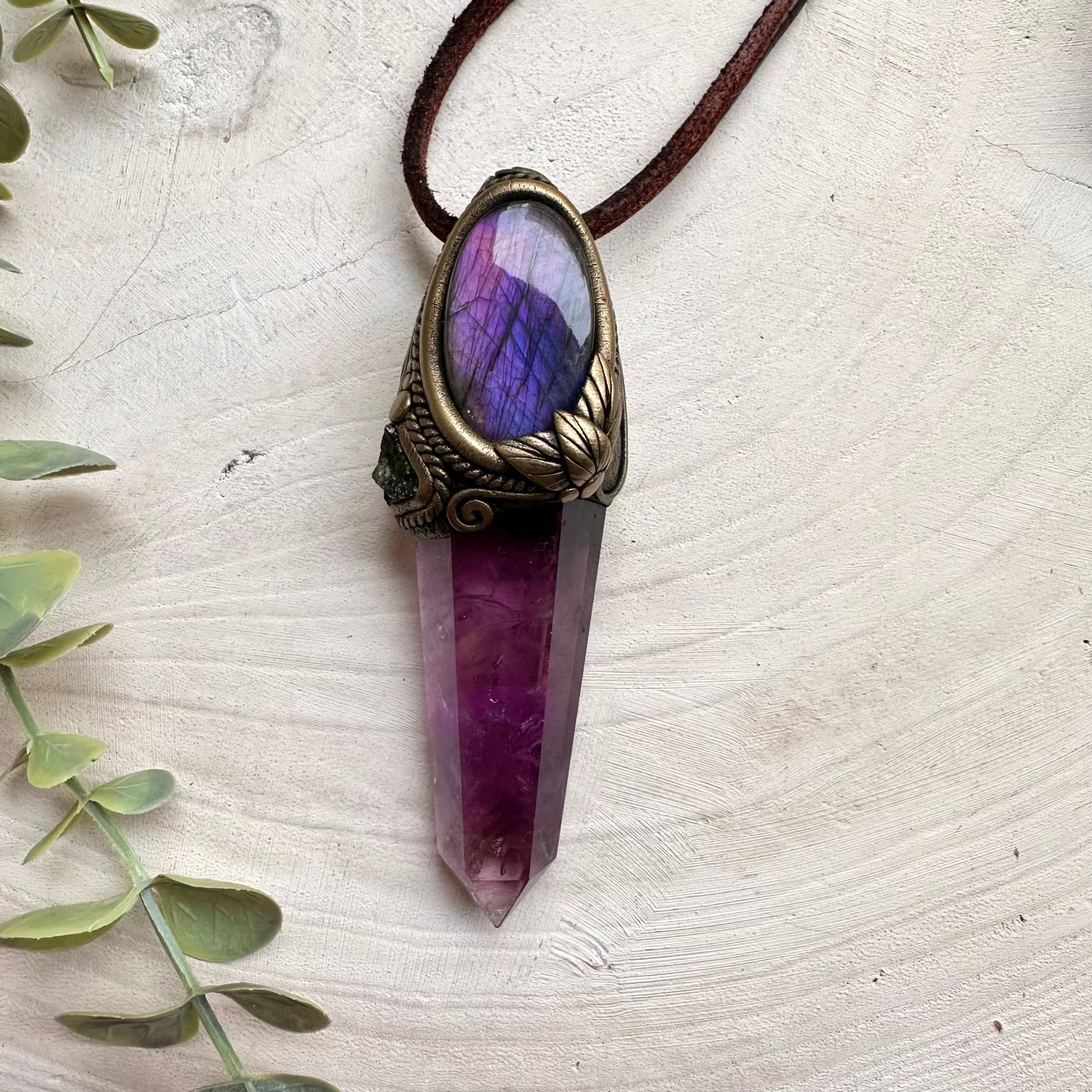 Handmade crystal wand necklace with amethyst labradorite and moldavite