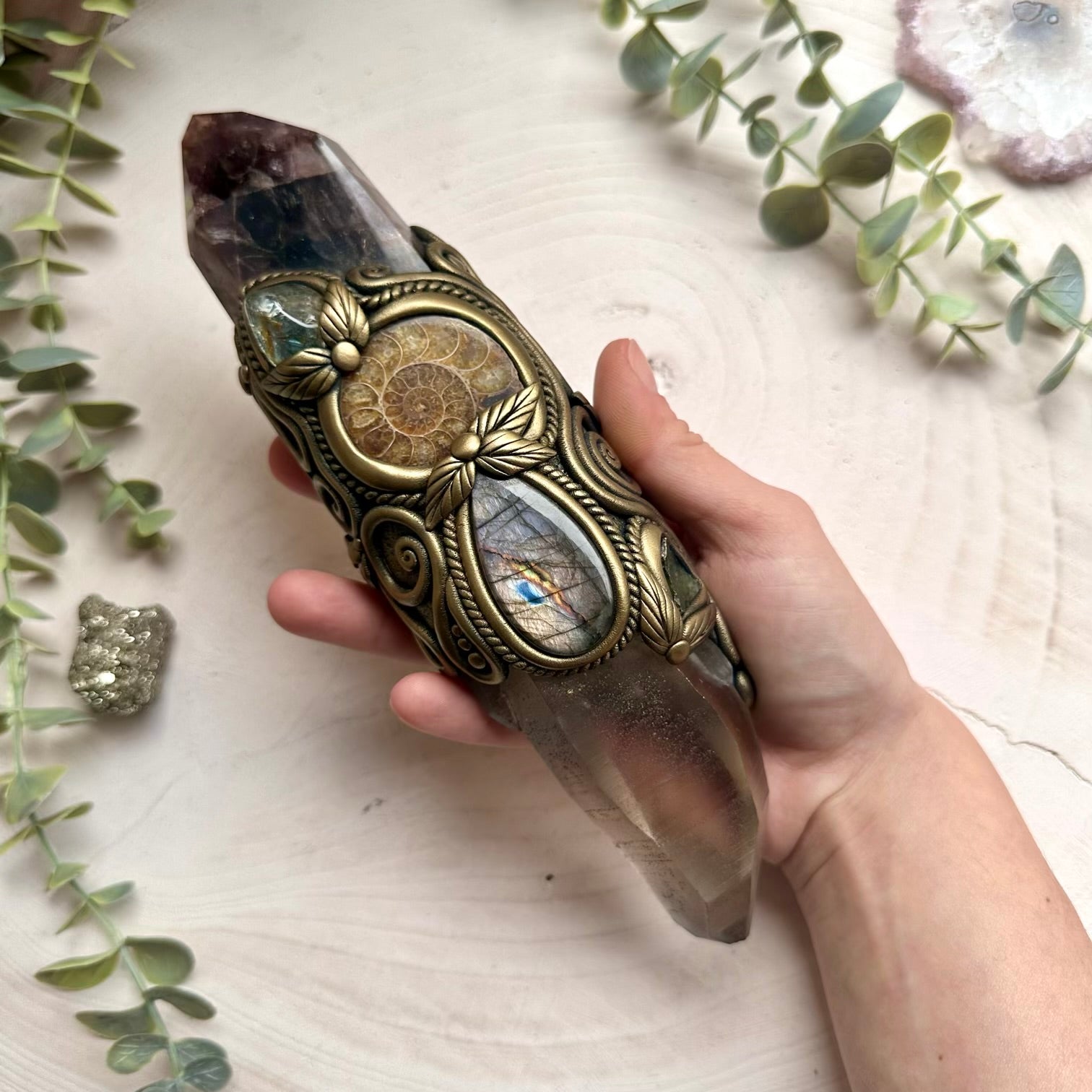 Handmade crystal wand with quartz moldavite and ammonite for energy healing