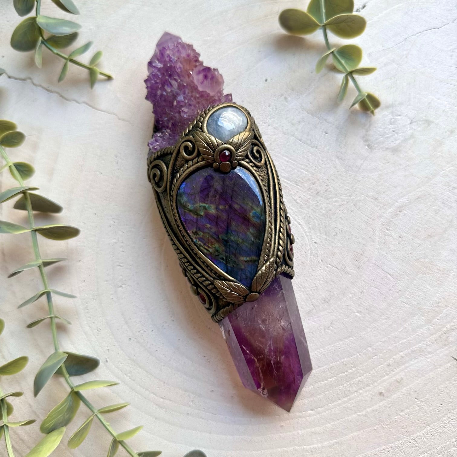 Handmade healing crystal wand featuring a polished Ametrine point, Deep Purple Spirit Quartz, Purple Labradorite, Moonstone and Rhodolite Garnet, a one of a kind energy healing and ritual tool designed for manifestation, intuition, emotional balance and spiritual transformation.