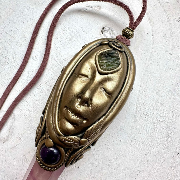 Energy healing crystal necklace with moldavite and fluorite