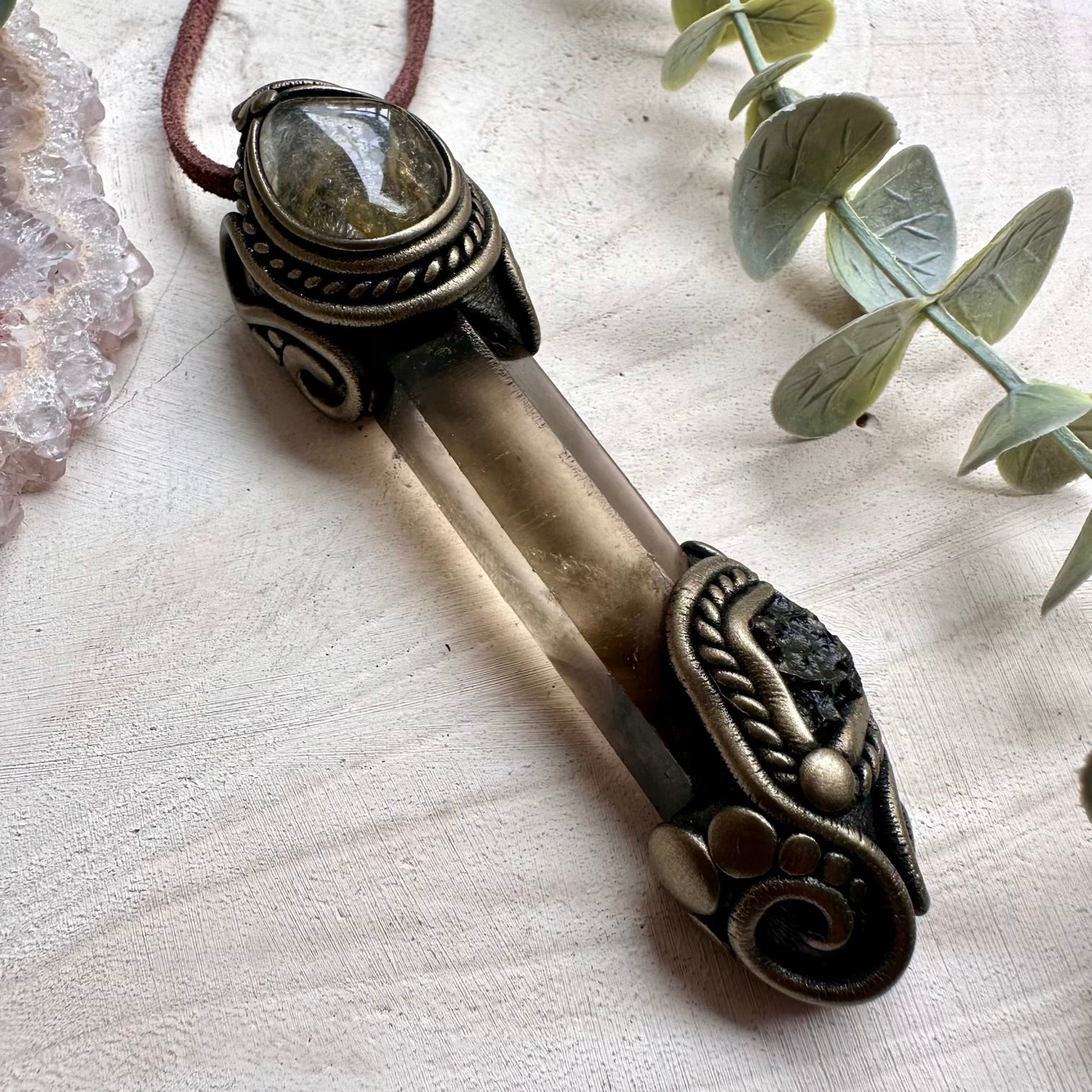 Smoky quartz moldavite healing crystal necklace