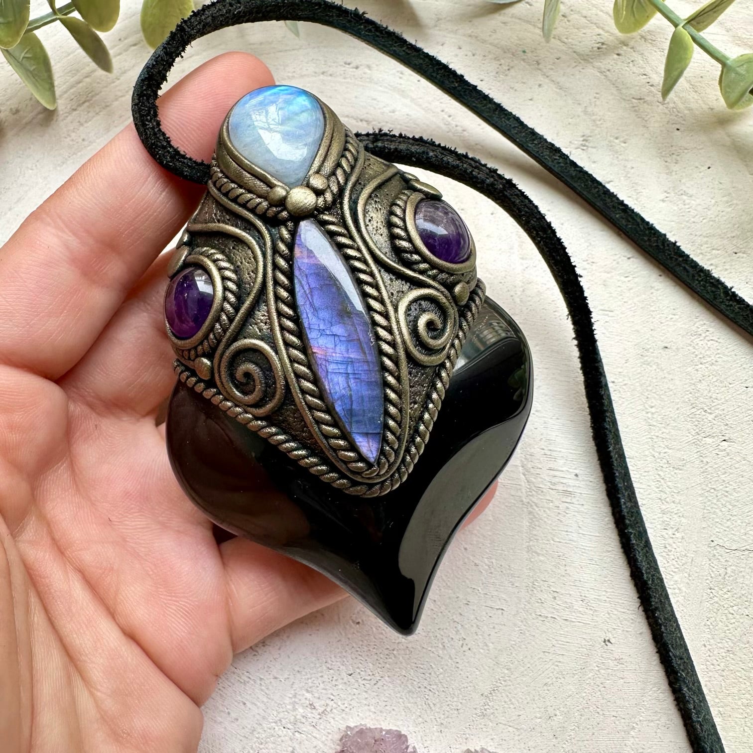 Handmade crystal wand necklace with rainbow obsidian and moonstone