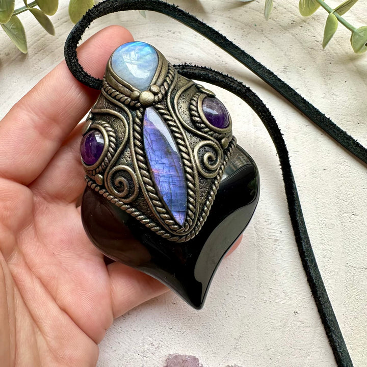 Handmade crystal wand necklace with rainbow obsidian and moonstone