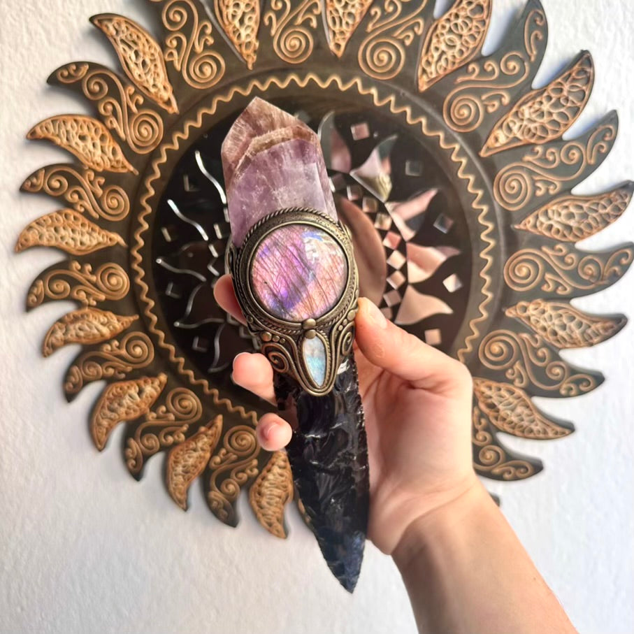 Crystal wand with Black Obsidian arrowhead, Super Seven Quartz, Labradorite and Rainbow Moonstone