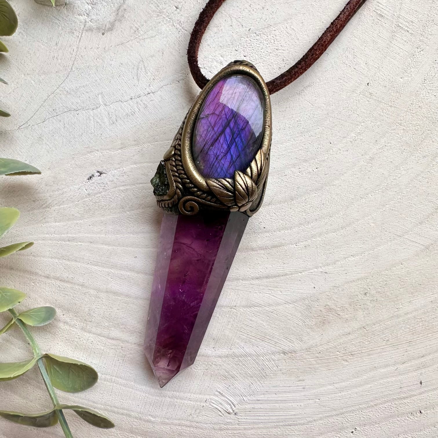 Natural gemstone wand necklace with amethyst and moldavite